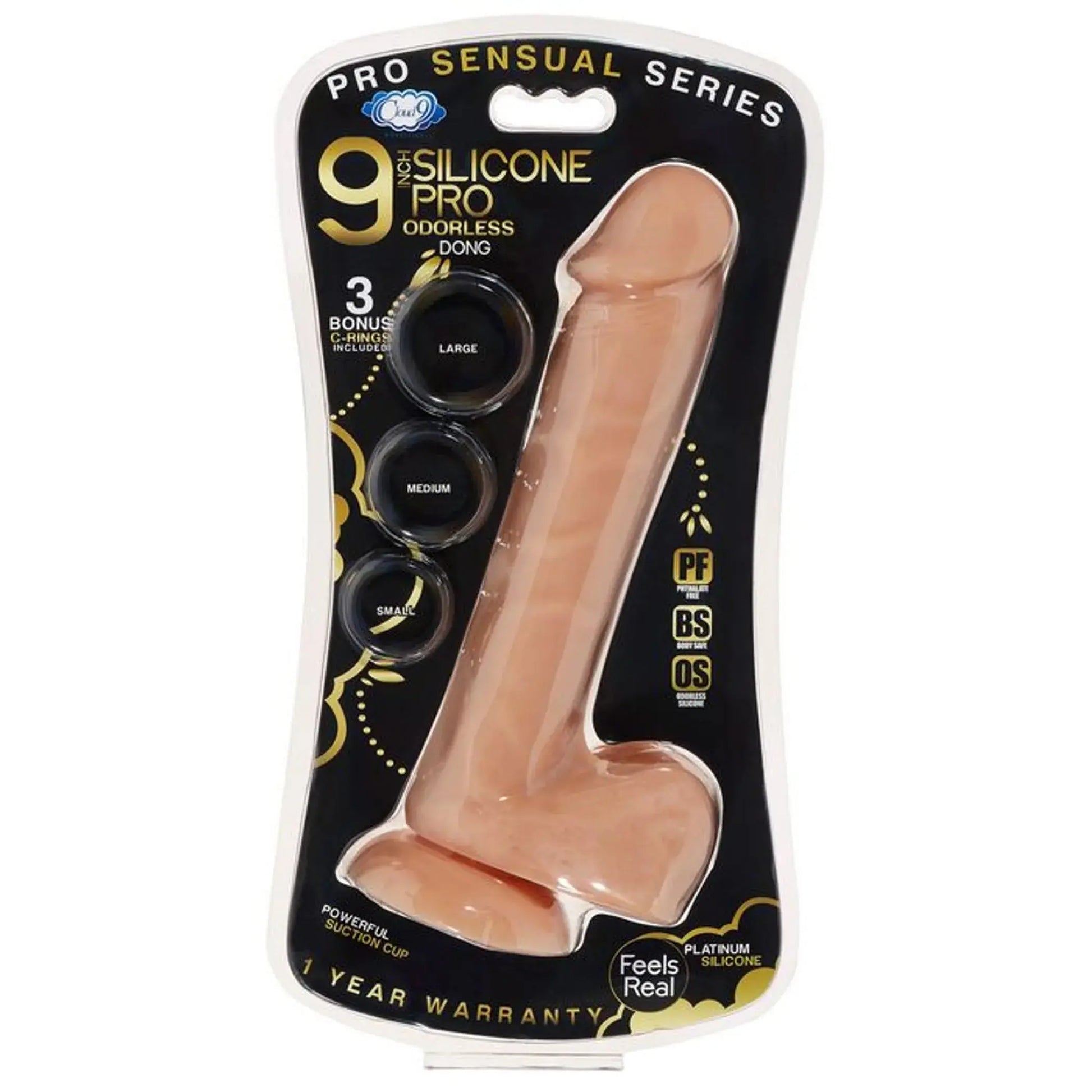 PRO SENSUAL PREMIUM SILICONE DONG W/ 3 C RINGS TAN 9 " Cloud 9 Novelties