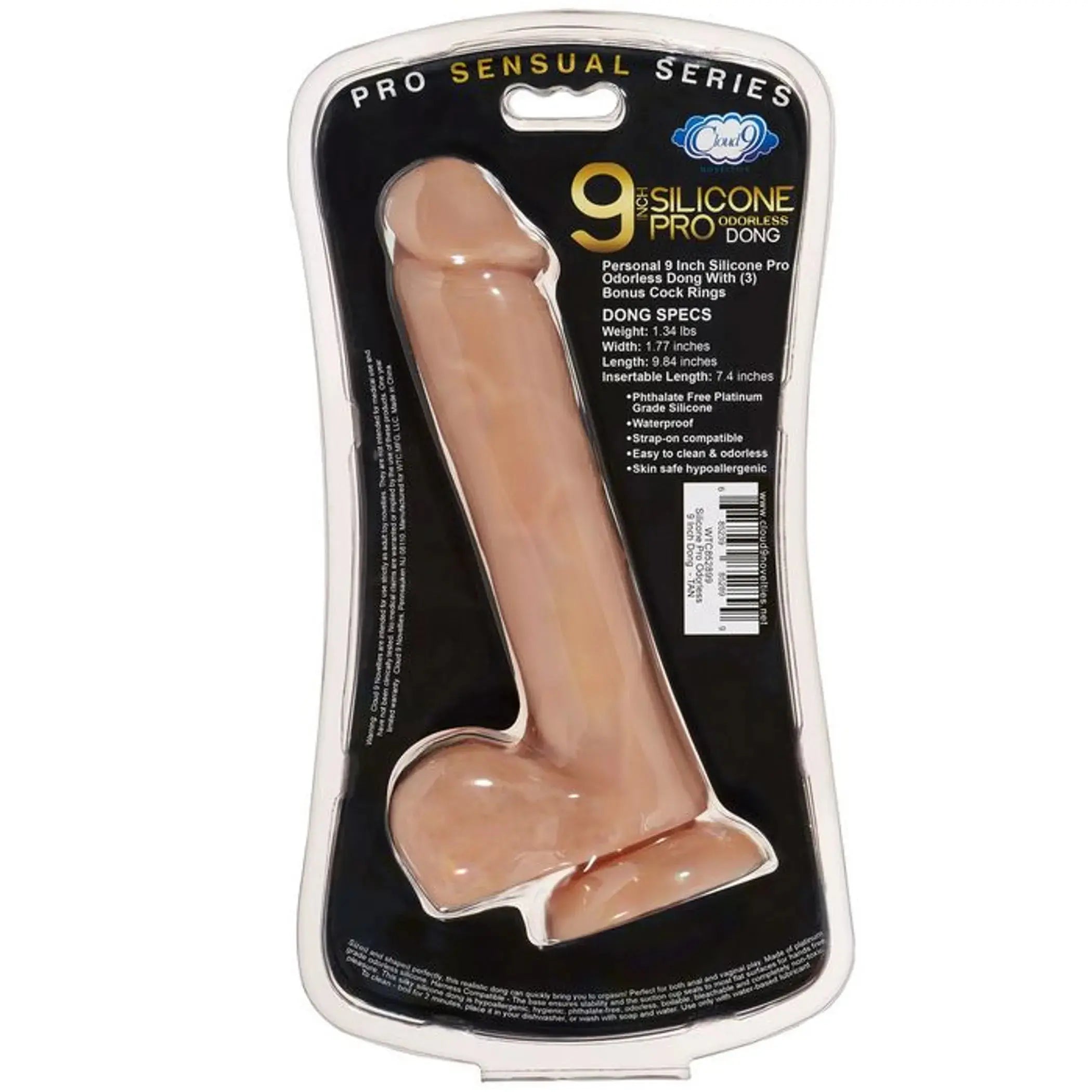 PRO SENSUAL PREMIUM SILICONE DONG W/ 3 C RINGS TAN 9 " Cloud 9 Novelties