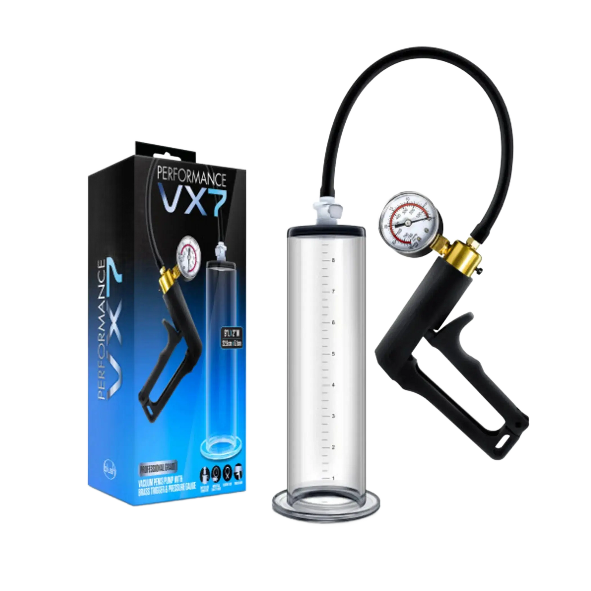 PERFORMANCE VX7 VACUUM PENIS PUMP W/ BRASS TRIGGER & PRESSURE GAUGE CLEAR Blush Novelties