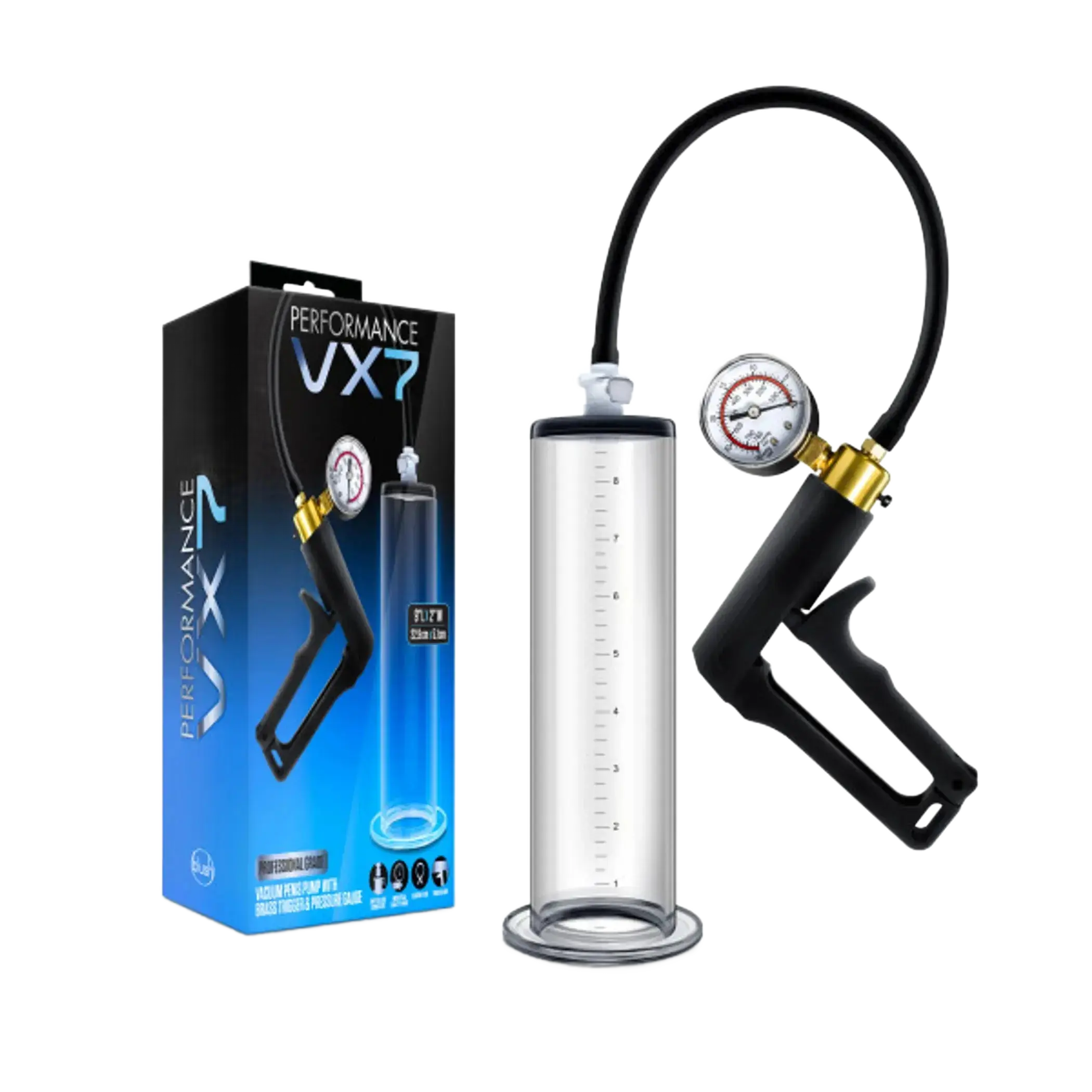 PERFORMANCE VX7 VACUUM PENIS PUMP W/ BRASS TRIGGER & PRESSURE GAUGE CLEAR Blush Novelties