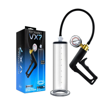 PERFORMANCE VX7 VACUUM PENIS PUMP W/ BRASS TRIGGER & PRESSURE GAUGE CLEAR Blush Novelties