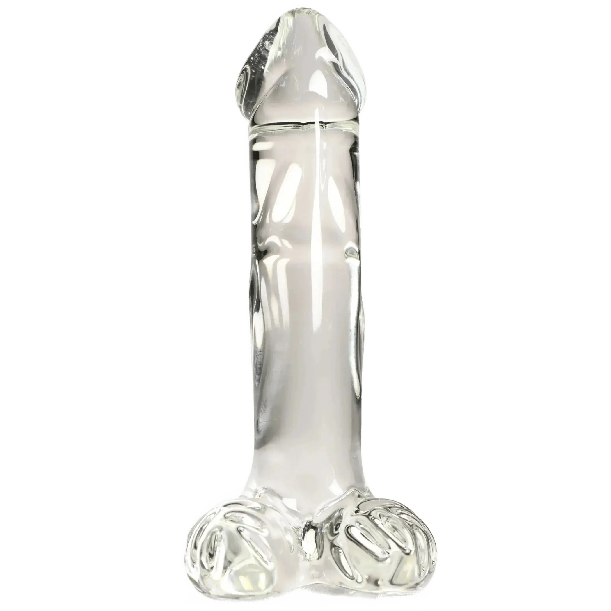 PLEASURE CRYSTALS 7.1 IN GLASS DILDO W/ BALLS CURVE NOVELTIES
