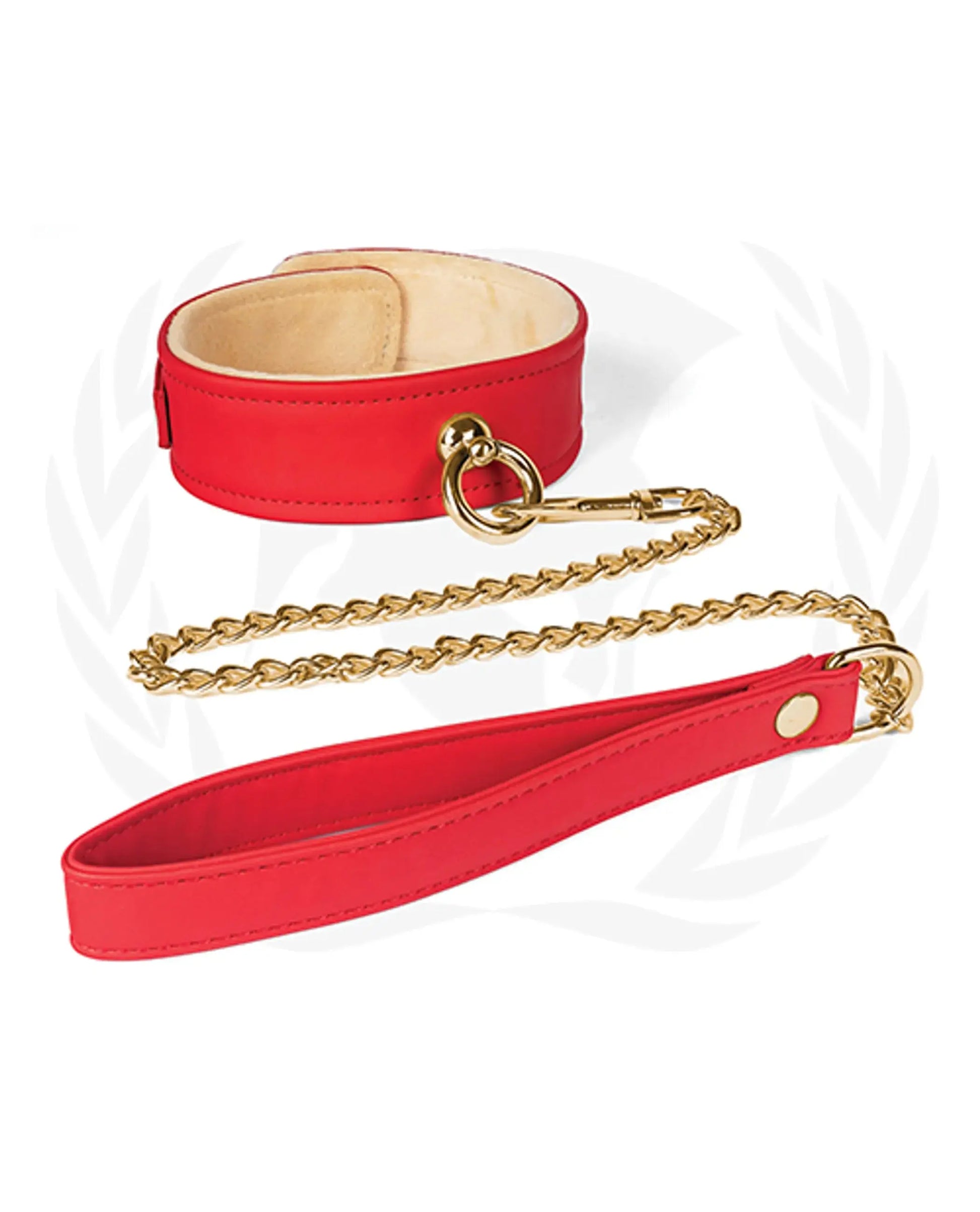 Plush Lined Red PU Collar & Chain Leash Spartacus