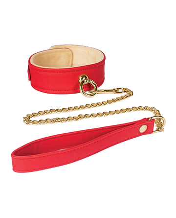 PLUSH LINED RED PU COLLAR & CHAIN LEASH Spartacus