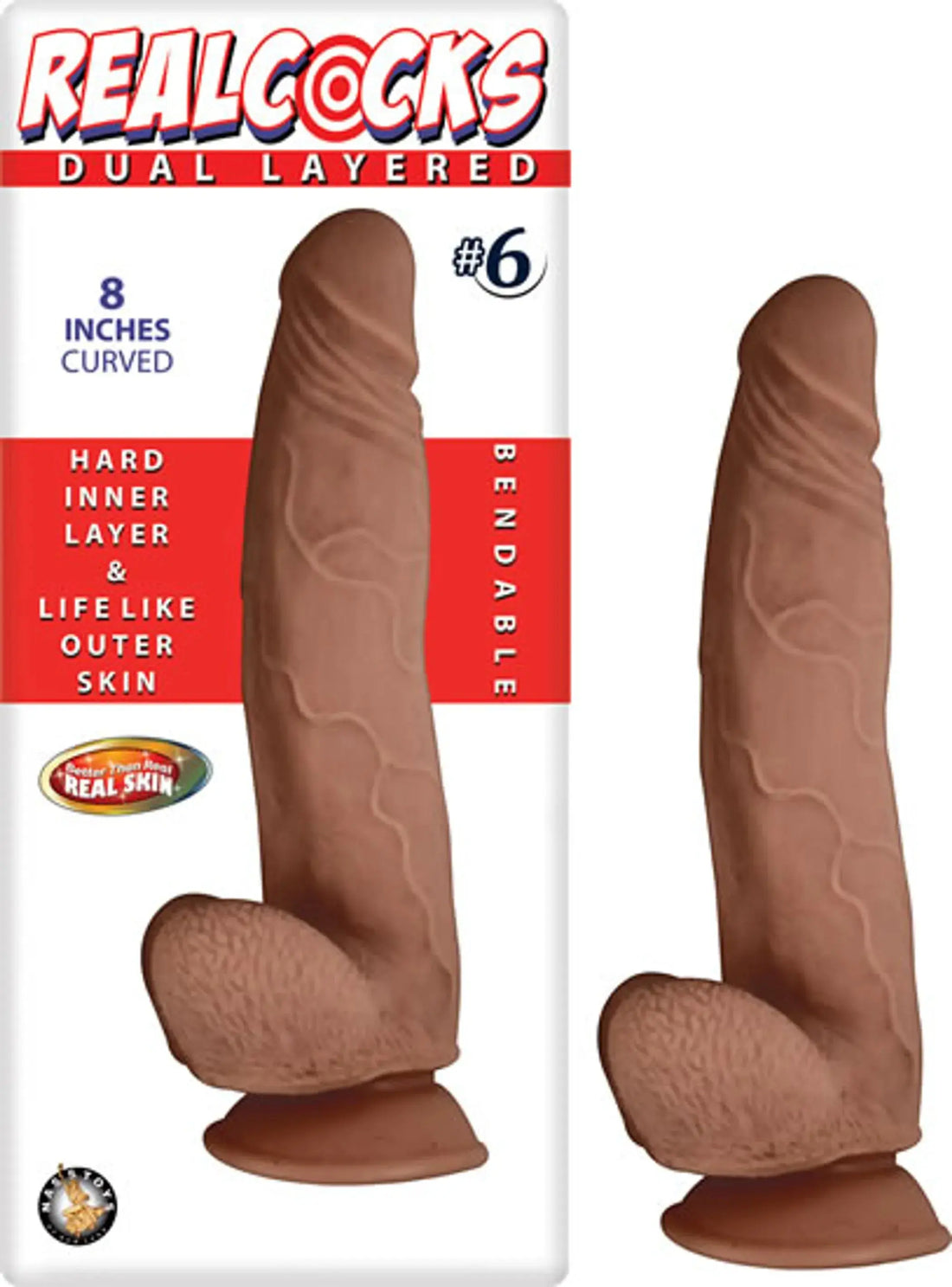 REAL COCKS DUAL LAYERED #6 BROWN CURVED 8 " Nasstoys