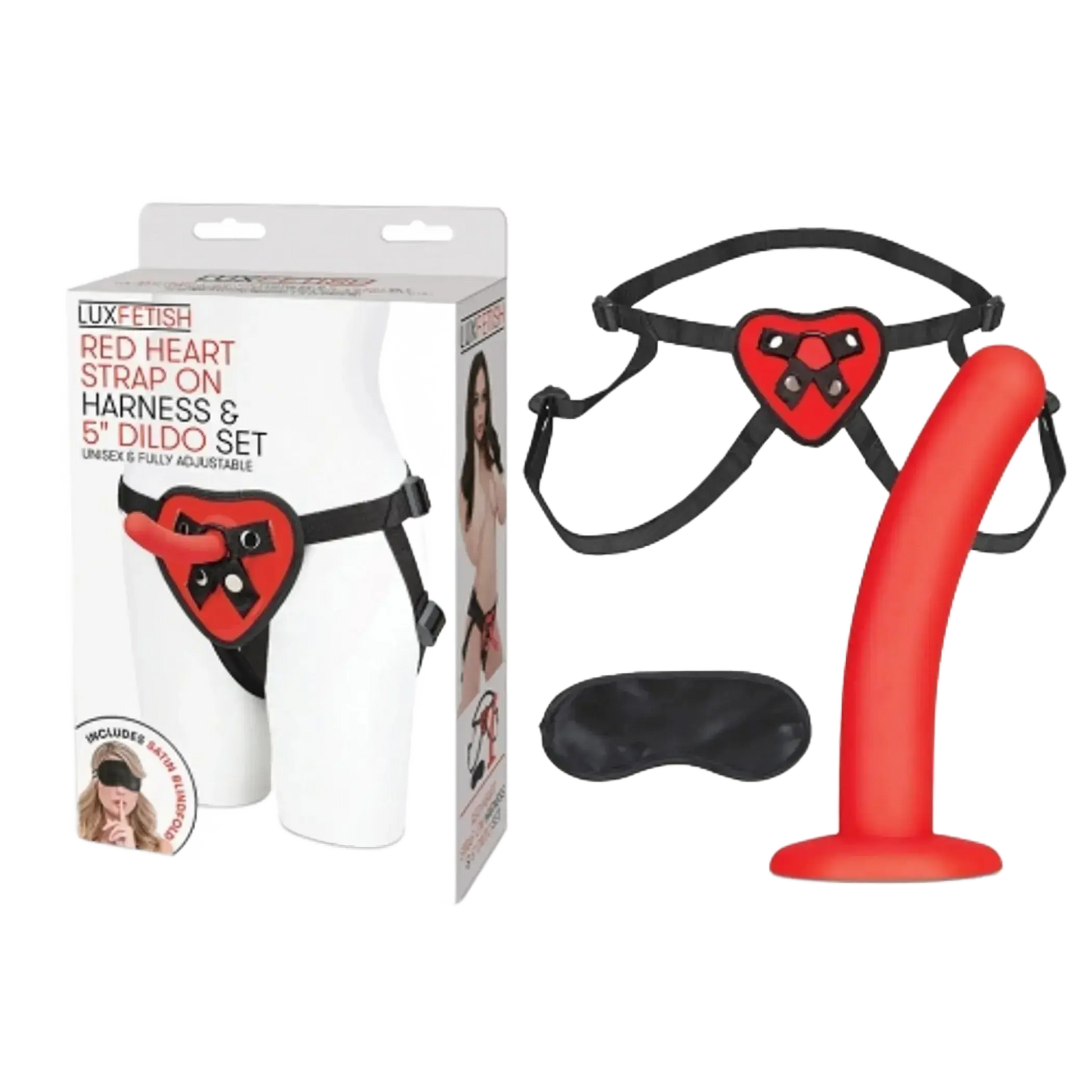 LUX FETISH RED HEART STRAP ON HARNESS & 5IN DILDO SET Electric / Hustler Lingerie