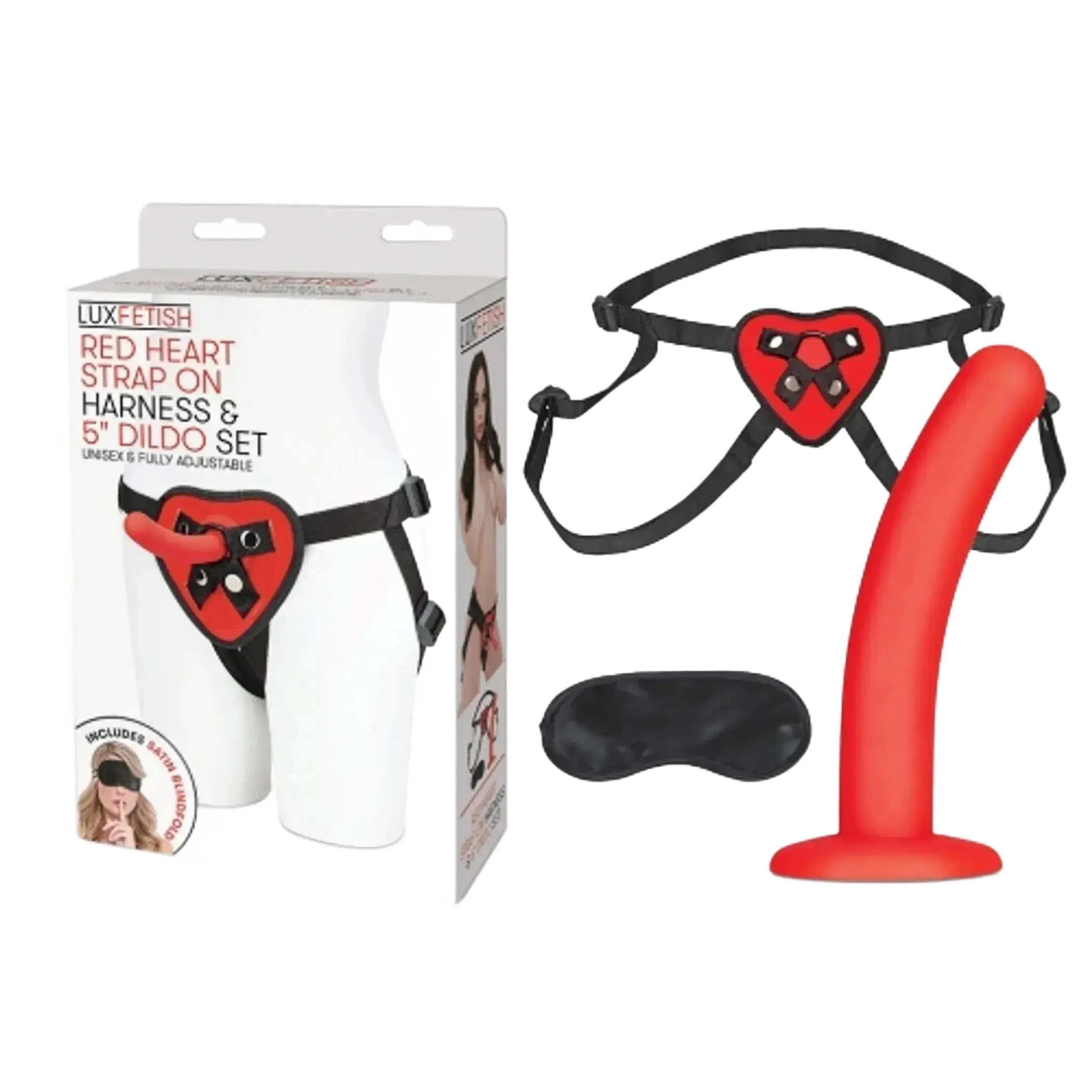 LUX FETISH RED HEART STRAP ON HARNESS & 5IN DILDO SET Electric / Hustler Lingerie