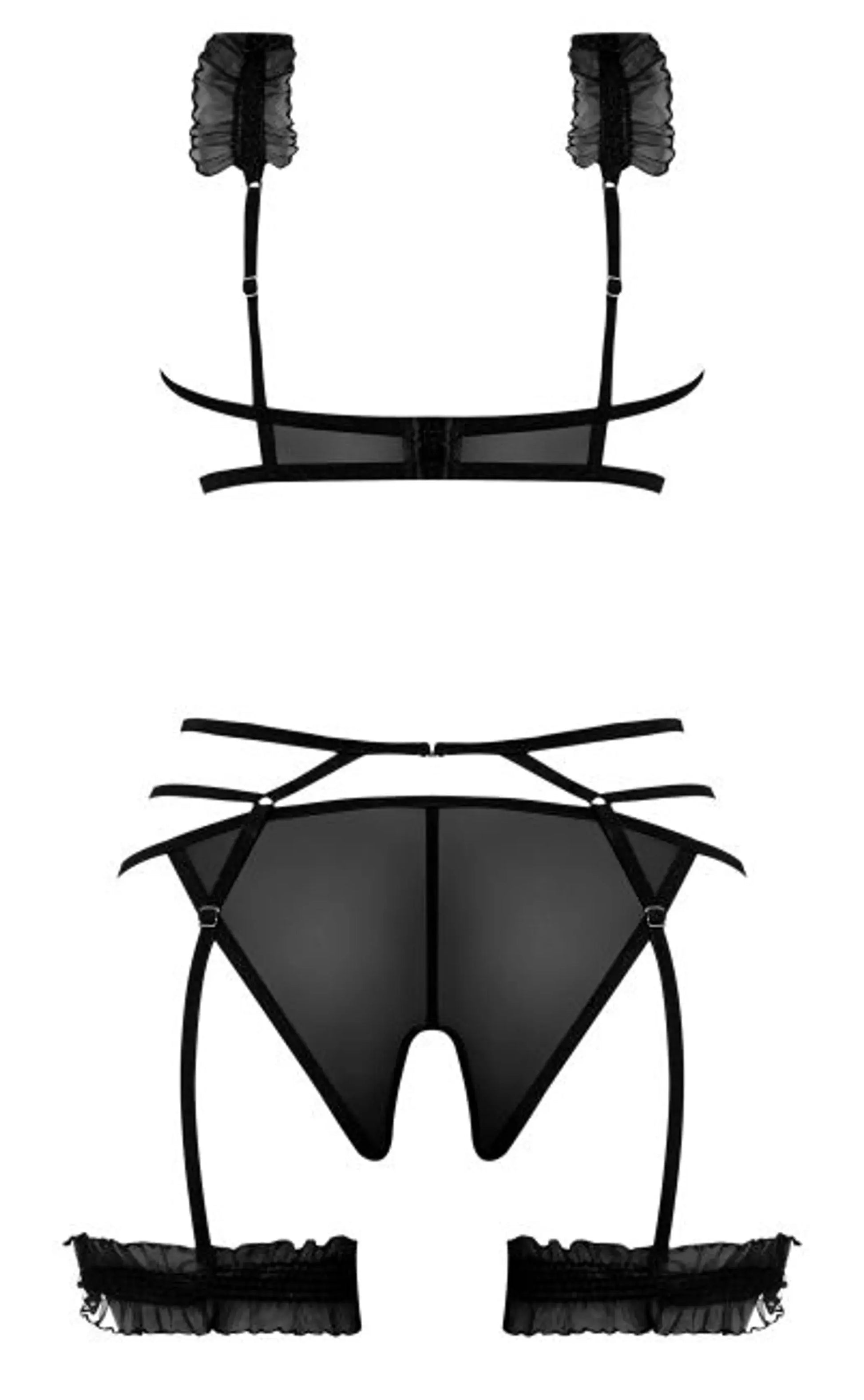 Ruffled Bra, Garter, and Panty Set in Black Magic Silk Lingerie