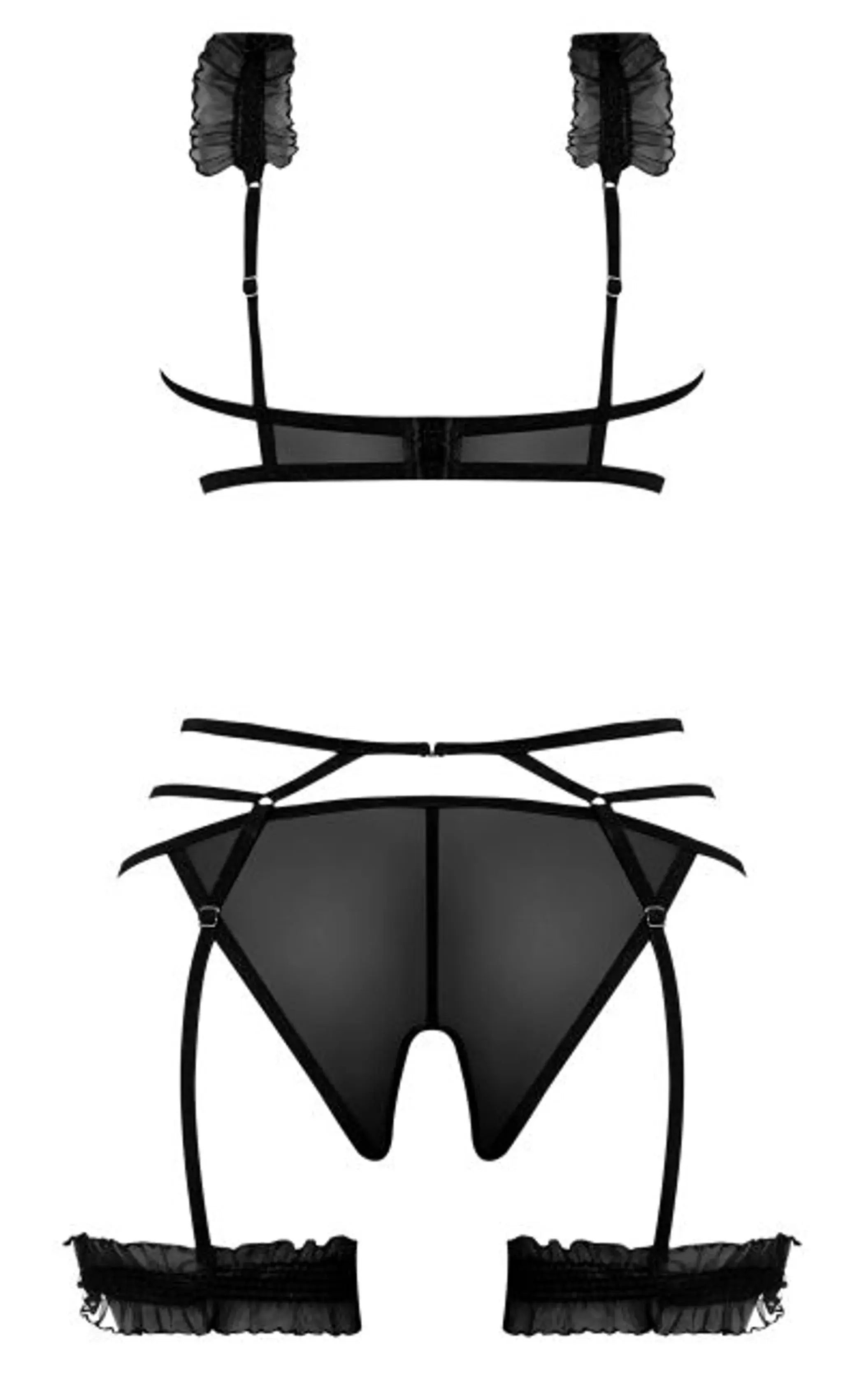 Ruffled Bra, Garter, and Panty Set in Black Magic Silk Lingerie