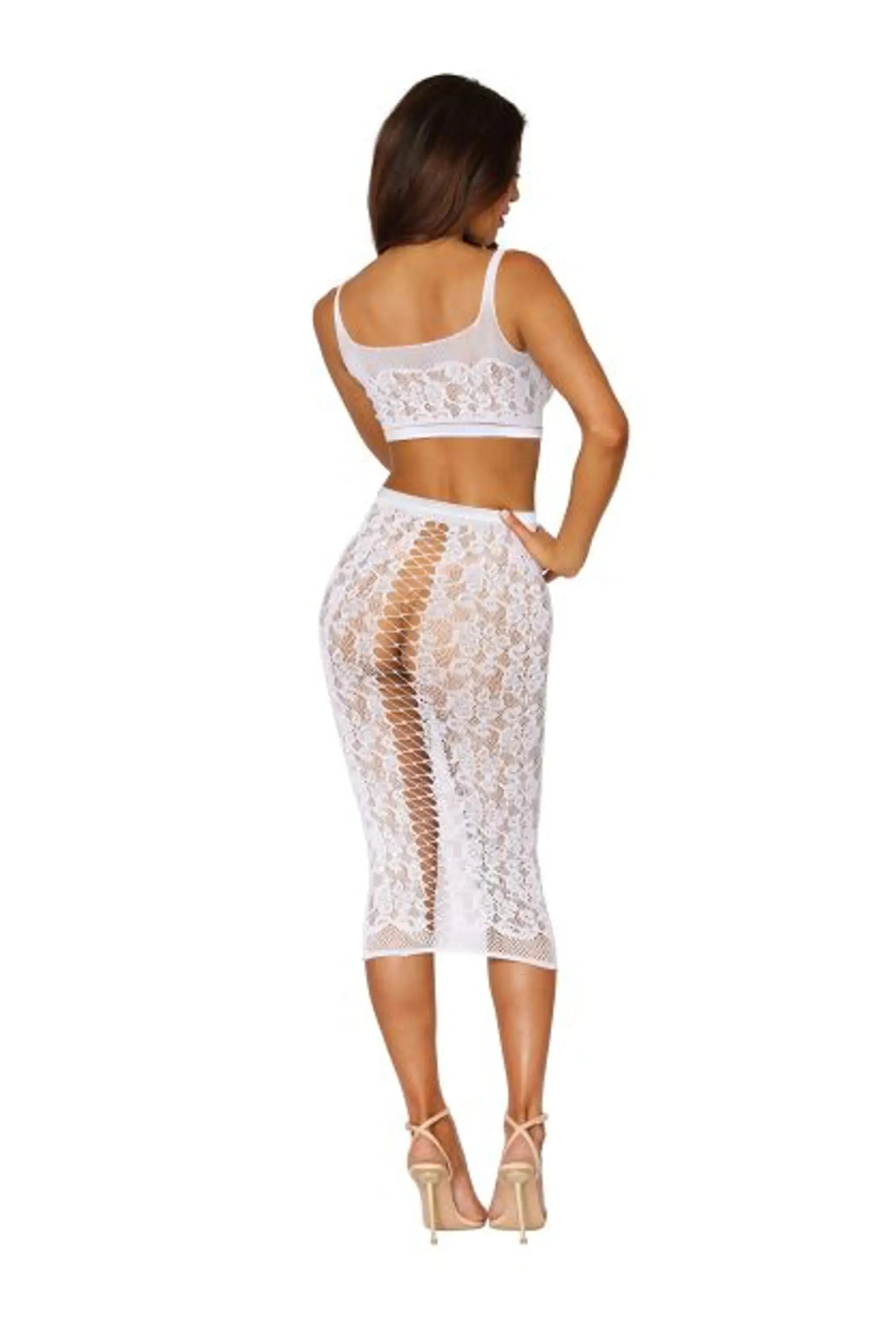 SEAMLESS SHEER LACE BRALETTE & SLIP SKIRT WHITE O/S Dream Girl Lingerie