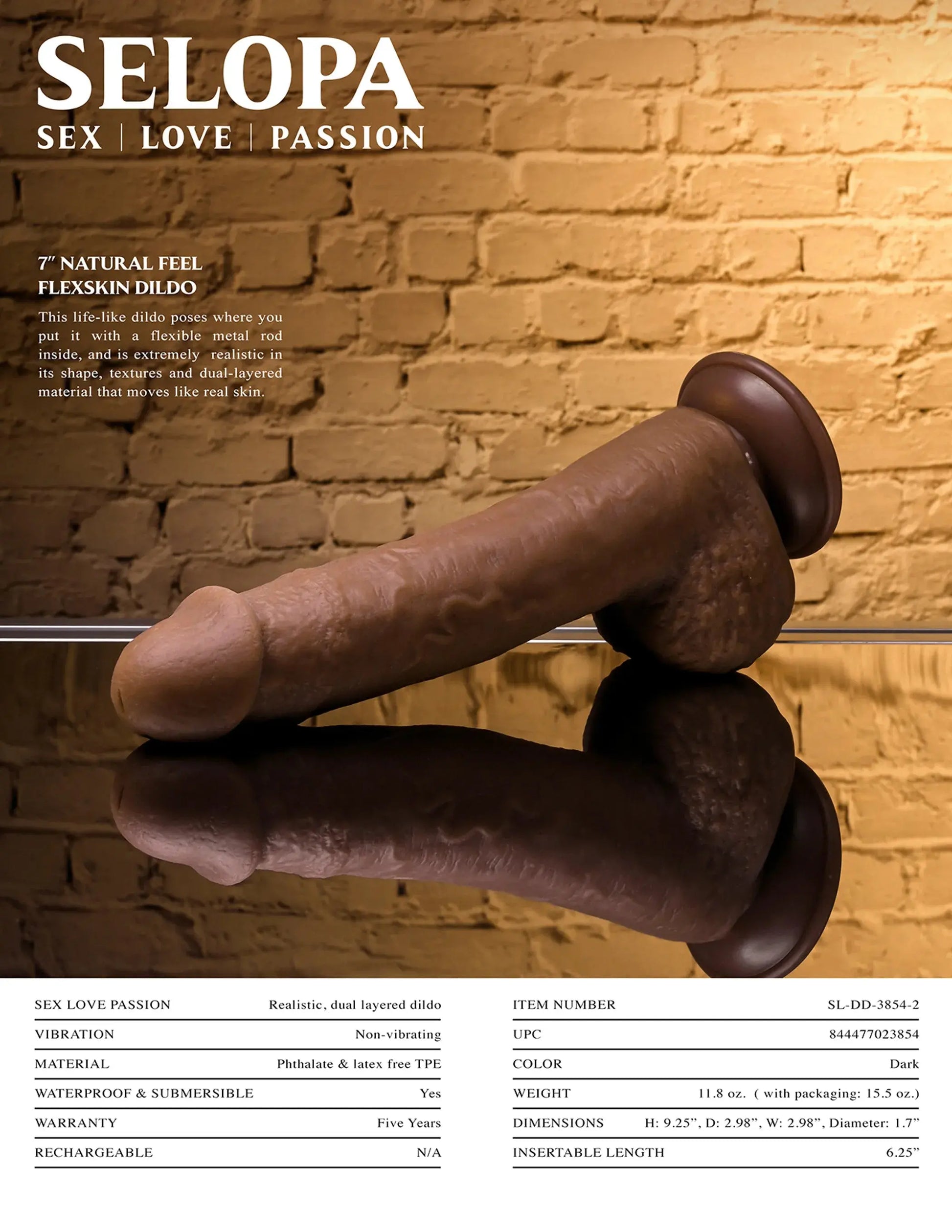 SELOPA 7 IN NATURAL FEEL FLEXSKIN DILDO DARK Evolved Novelties