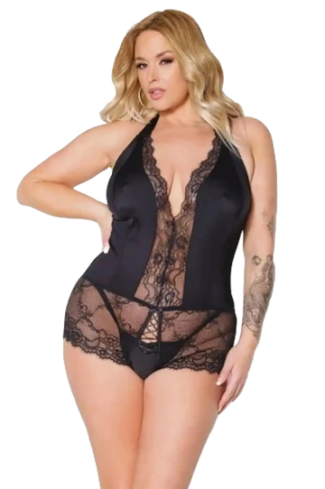 Coquette Satin & Lace Crotchless Halter Teddy - Color: Black | Pack Of: 1 | Style: Clothing Coquette