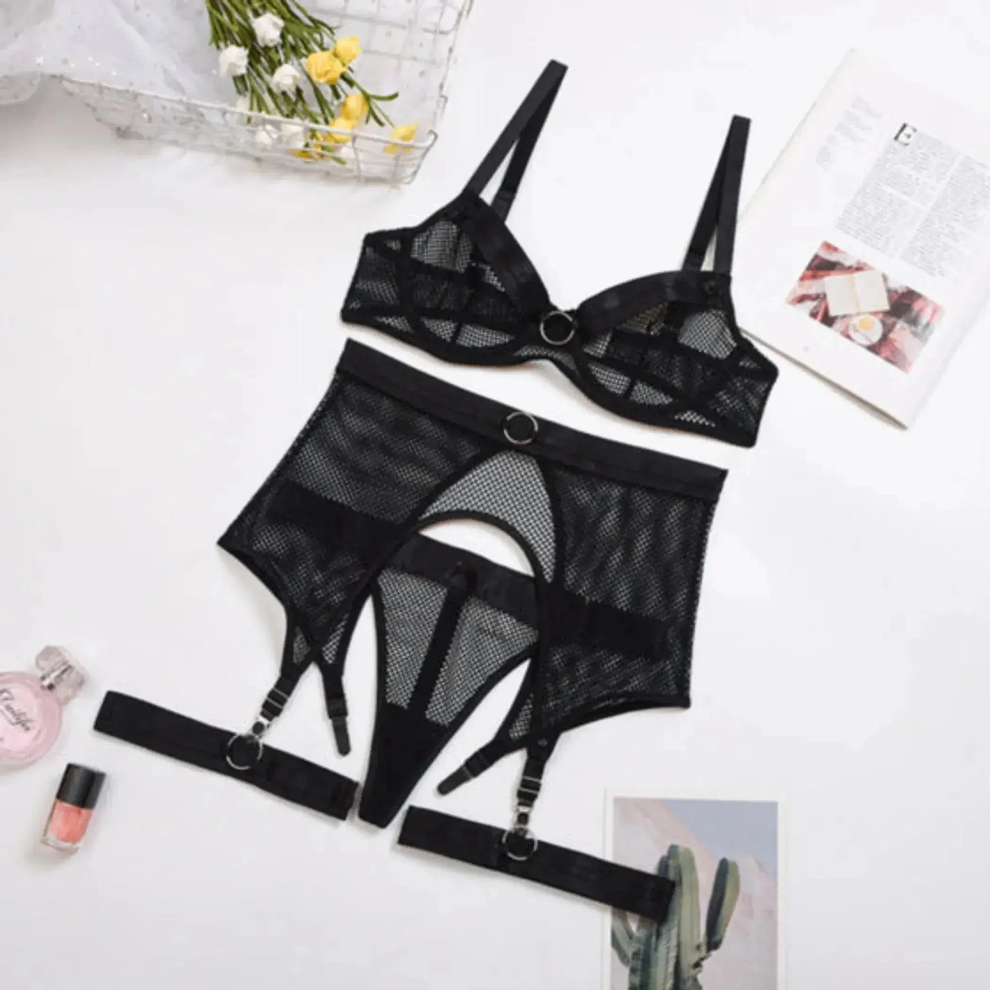 Sexy Fishnet Lingerie With Garter Belt and G-String Set La Belle Fantastique