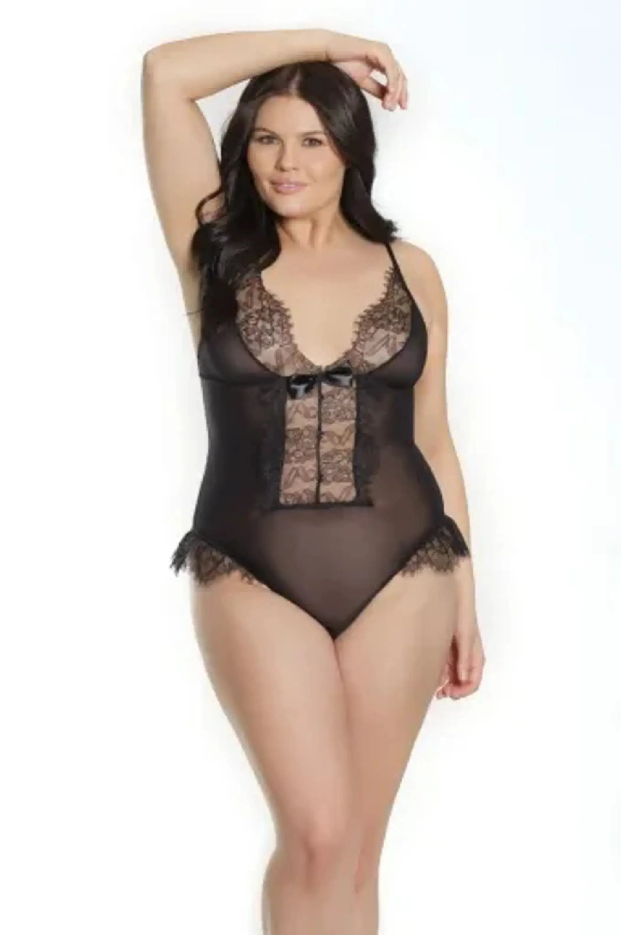 Sheer Crotchless Teddy With Eyelash Lace & Faux Button Detail Coquette