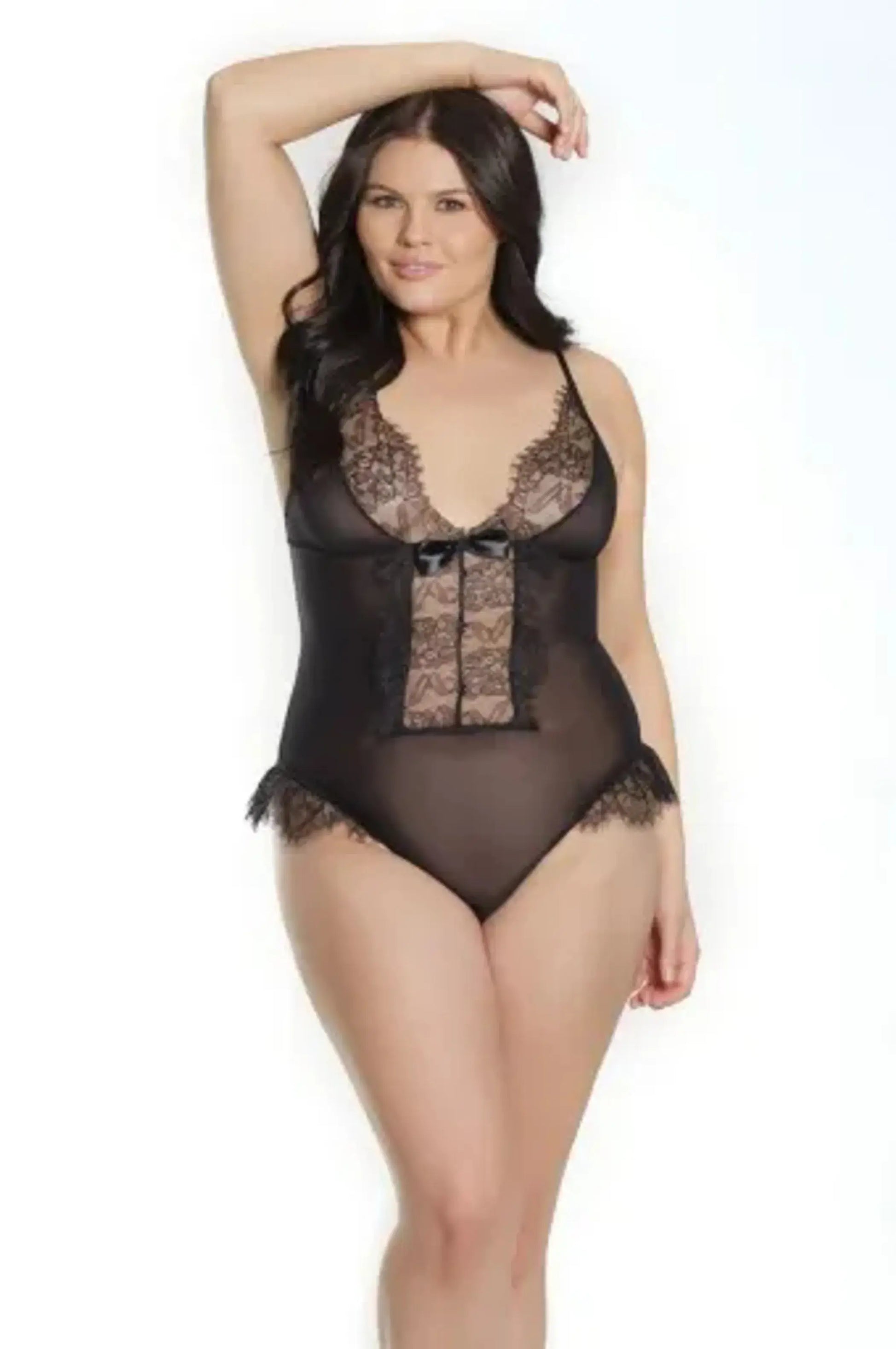 Sheer Crotchless Teddy With Eyelash Lace & Faux Button Detail Coquette