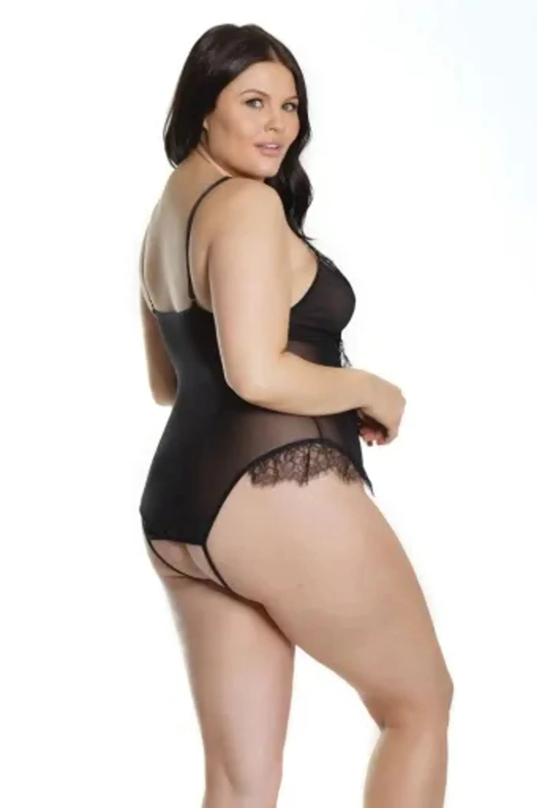 Sheer Crotchless Teddy With Eyelash Lace & Faux Button Detail Coquette