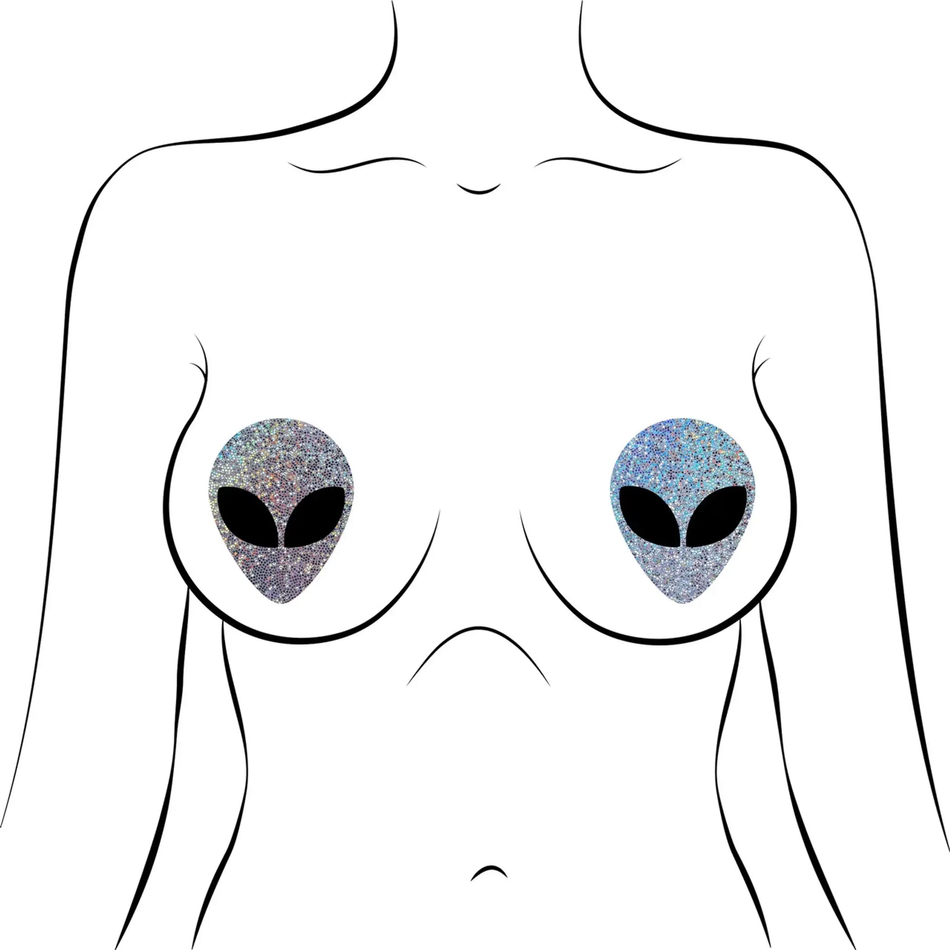 Silver Glitter Alien Pasties with Black Eyes Pastease