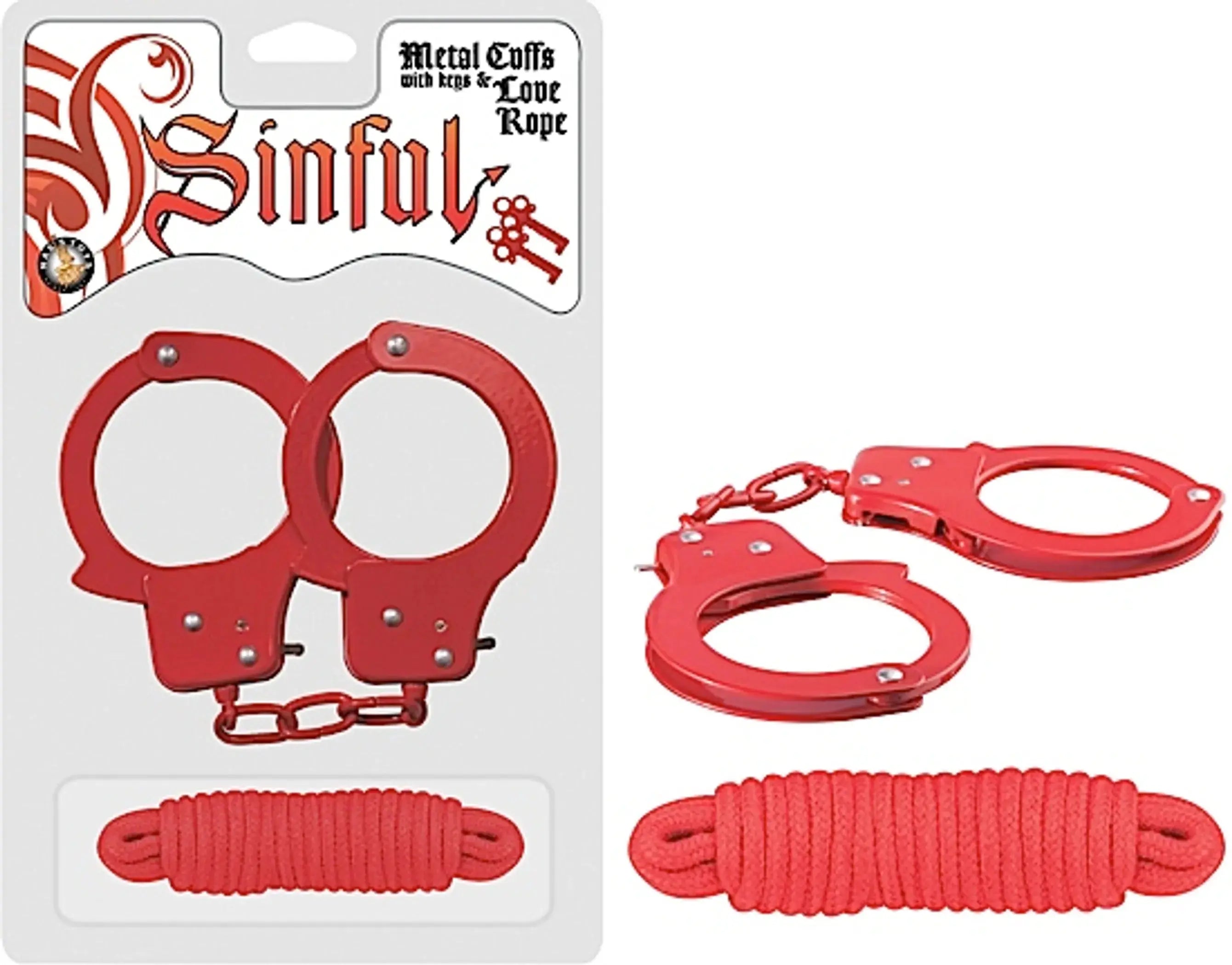 Sinful Metal Cuffs With Love Rope - Red Nasstoys