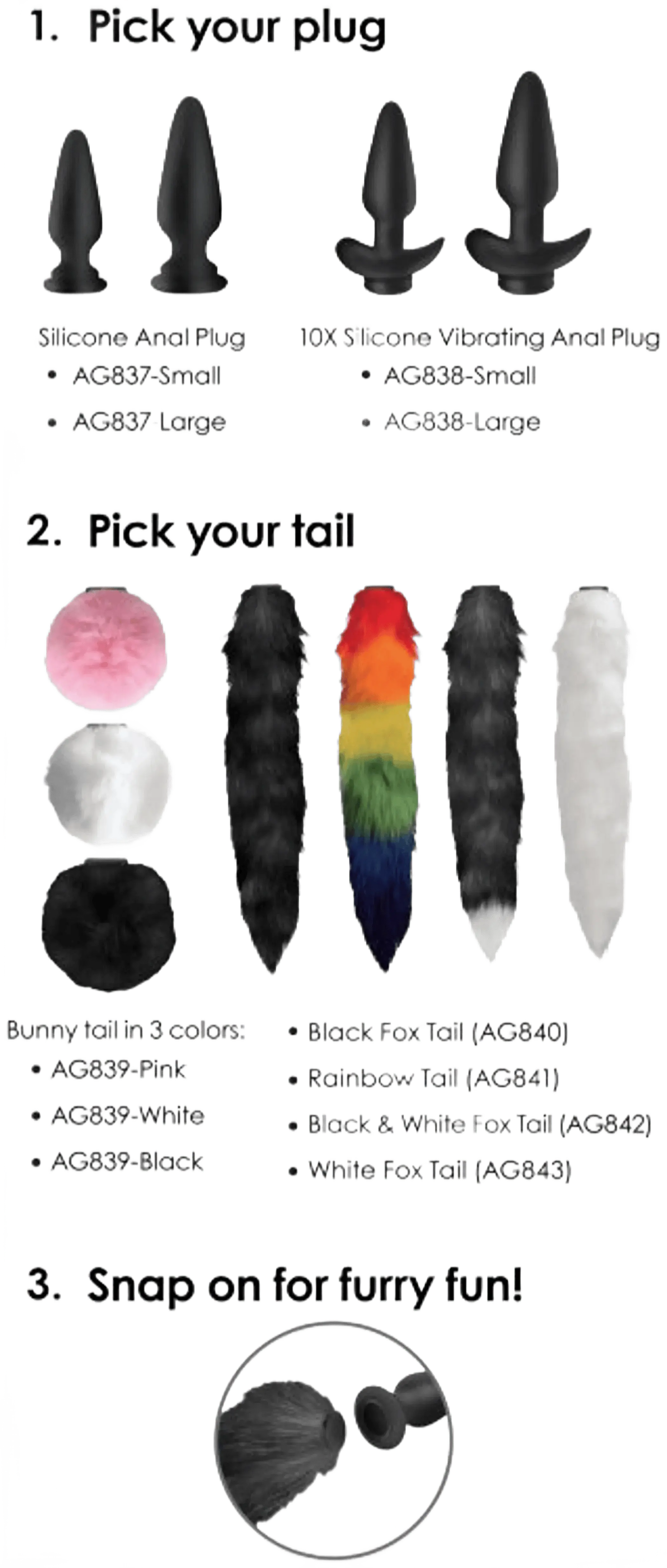 TAILZ SNAP ON SILICONE ANAL PLUG & 3 INTERCHANGEABLE TAILS XR Brands