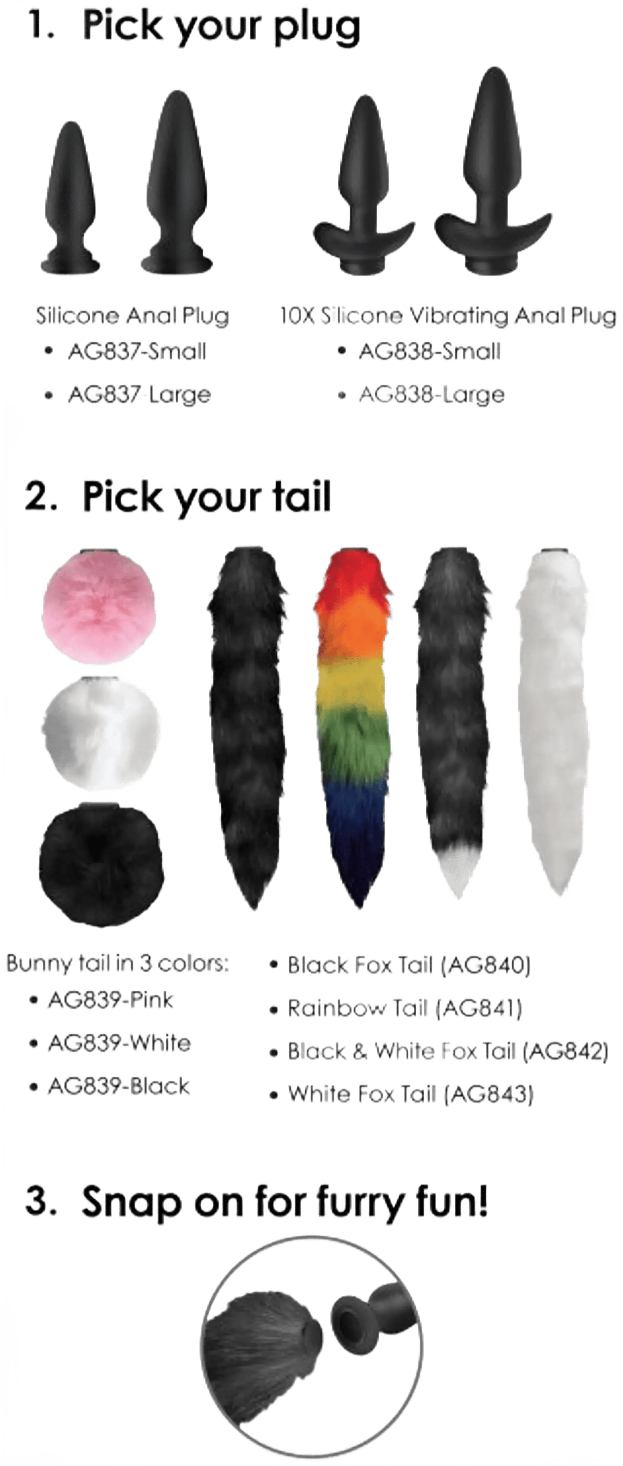 TAILZ SNAP ON SILICONE ANAL PLUG & 3 INTERCHANGEABLE TAILS XR Brands