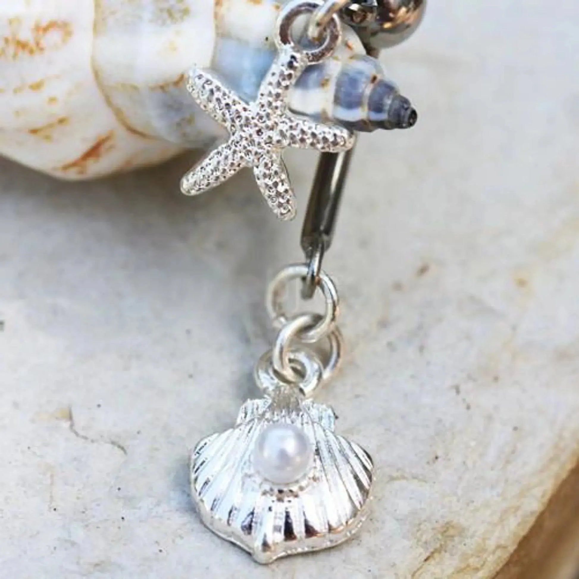 Stainless Steel Starfish & Pearl Seashell Double Dangle Navel Ring Fashion Hut Jewelry