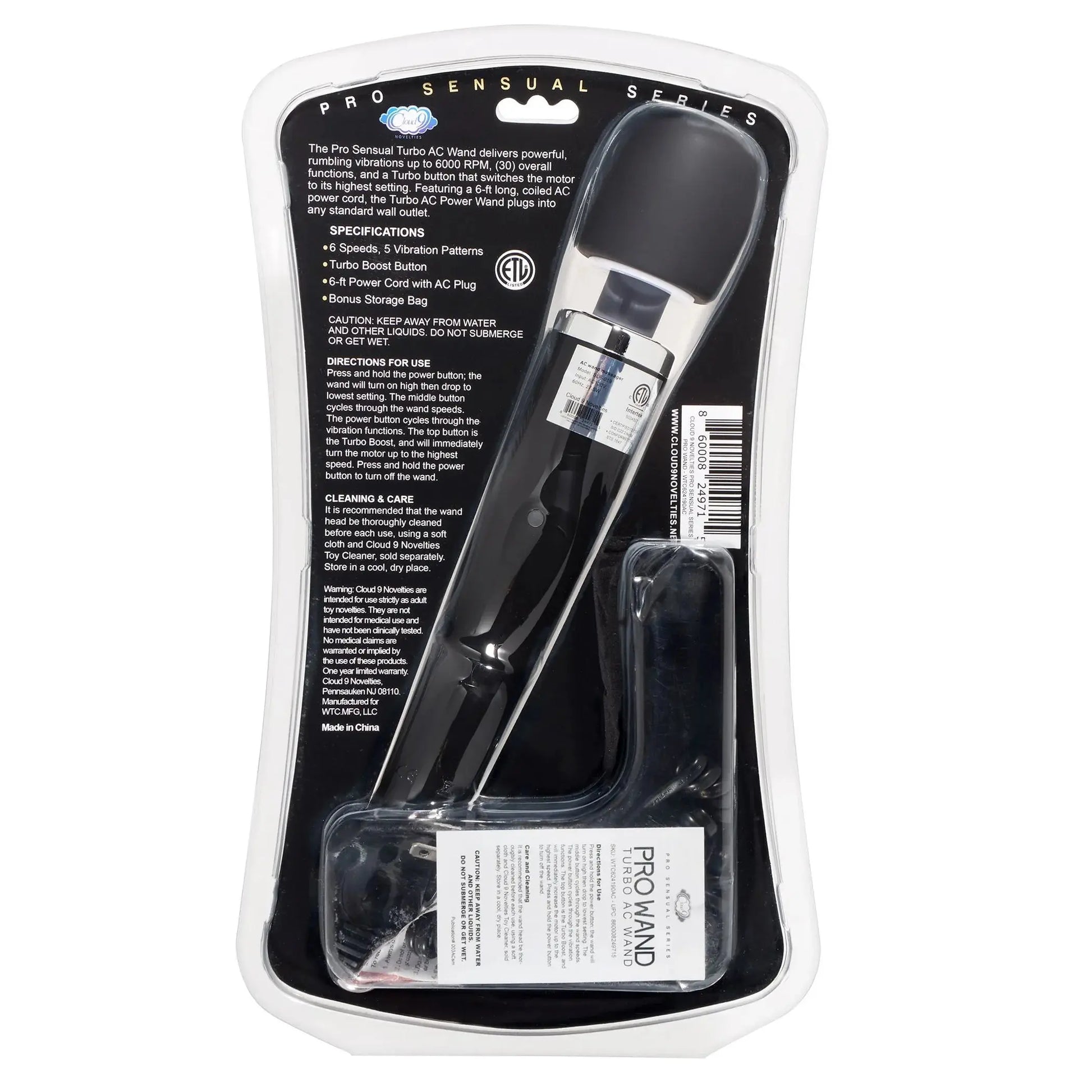 Turbo AC Power Wand Black Pro Sensual Series Cloud 9 Novelties