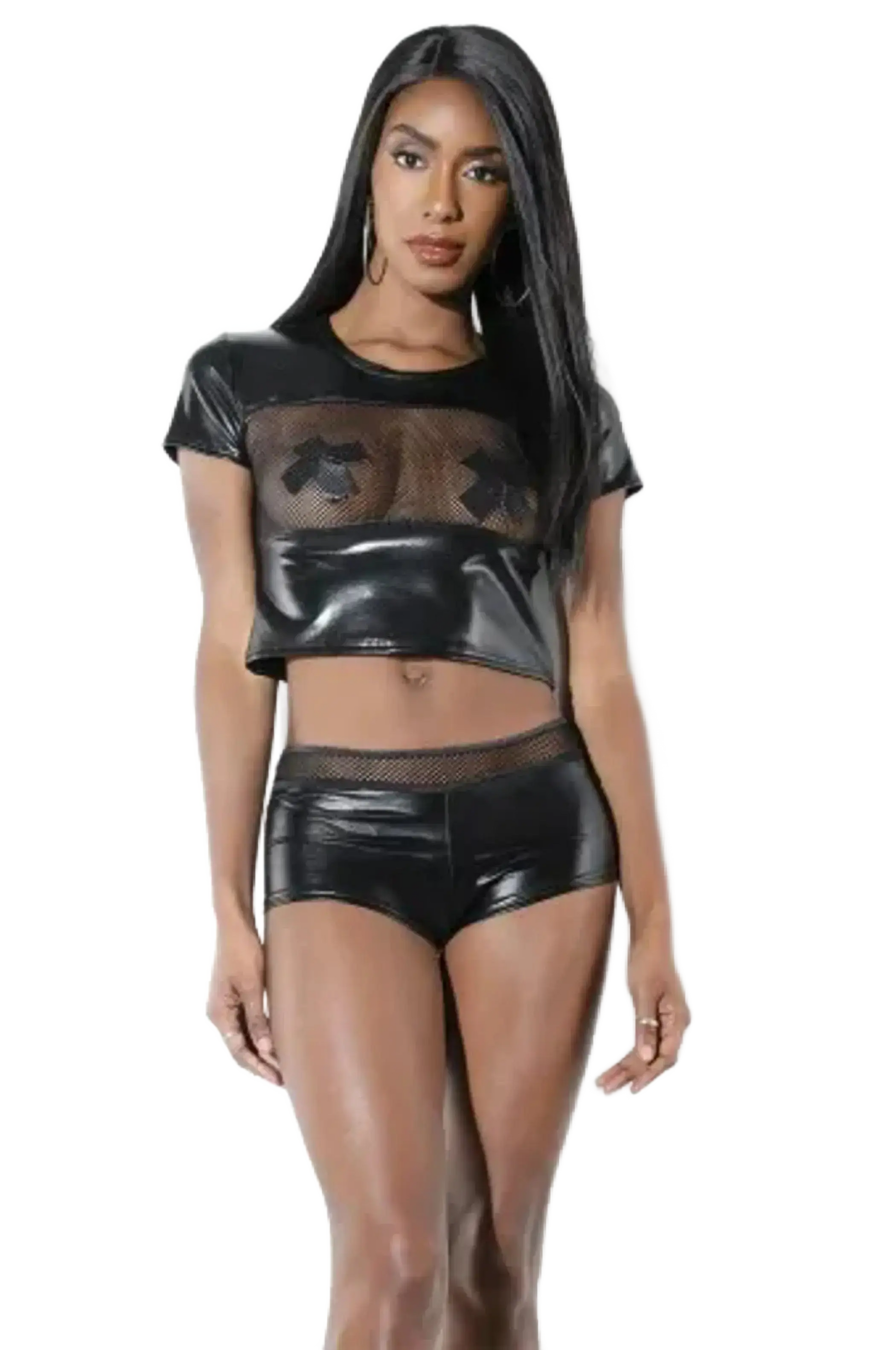 Coquette Wetlook Shirt With Front Fishnet Panel Coquette