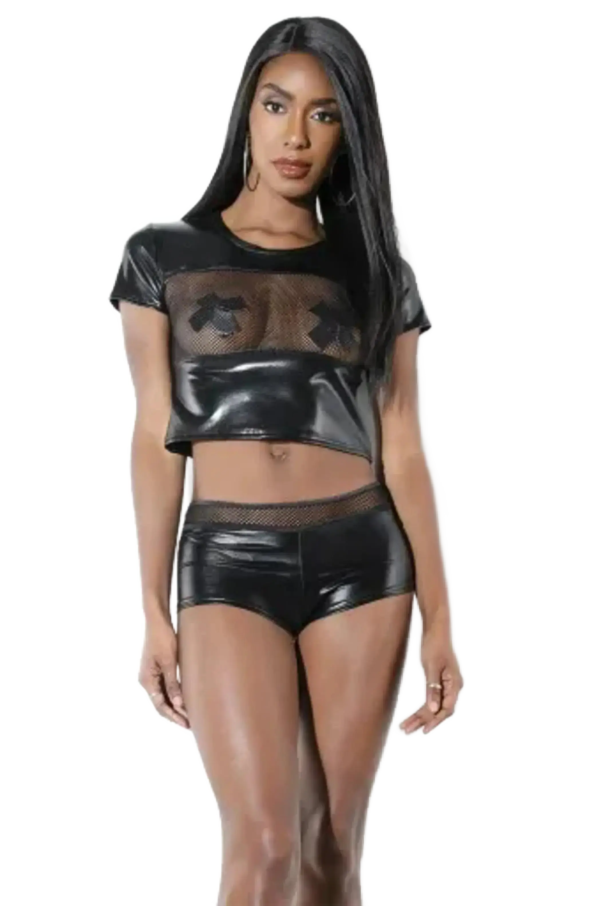 Coquette Wetlook Shirt With Front Fishnet Panel Coquette