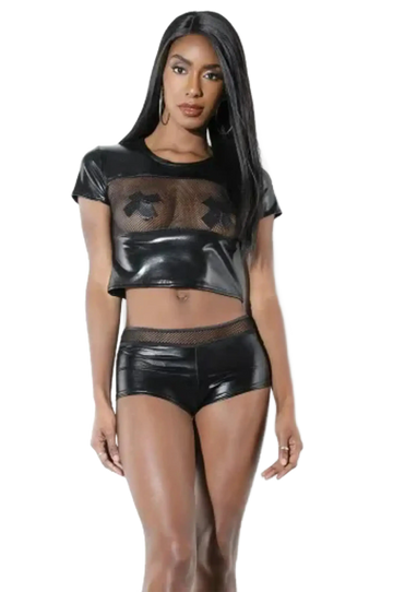 Coquette Wetlook Shirt With Front Fishnet Panel Coquette