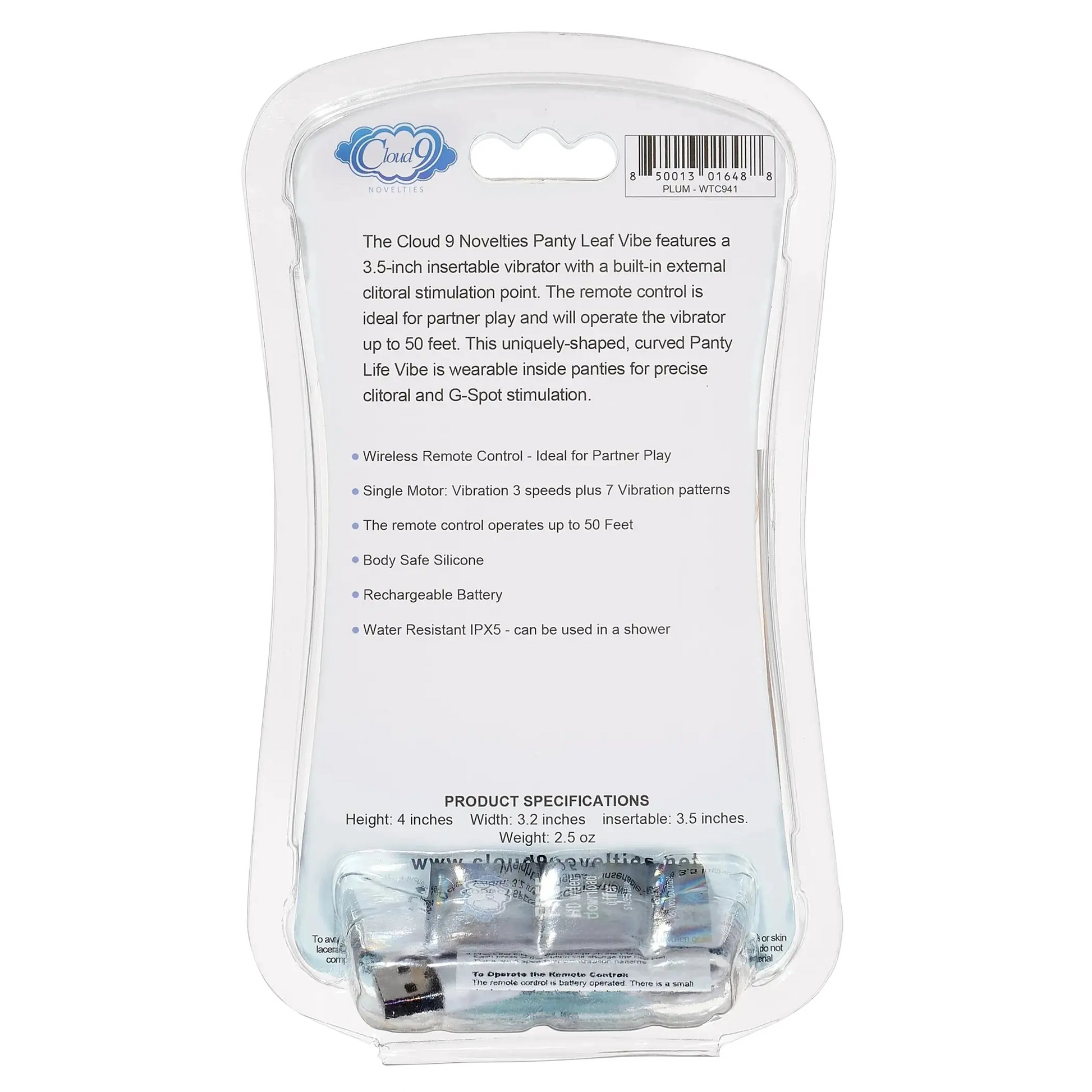 CLOUD 9 HEALTH & WELLNESS WIRELESS REMOTE CONTROL PANTY LEAF" VIBE - PLUM" Cloud 9 Novelties
