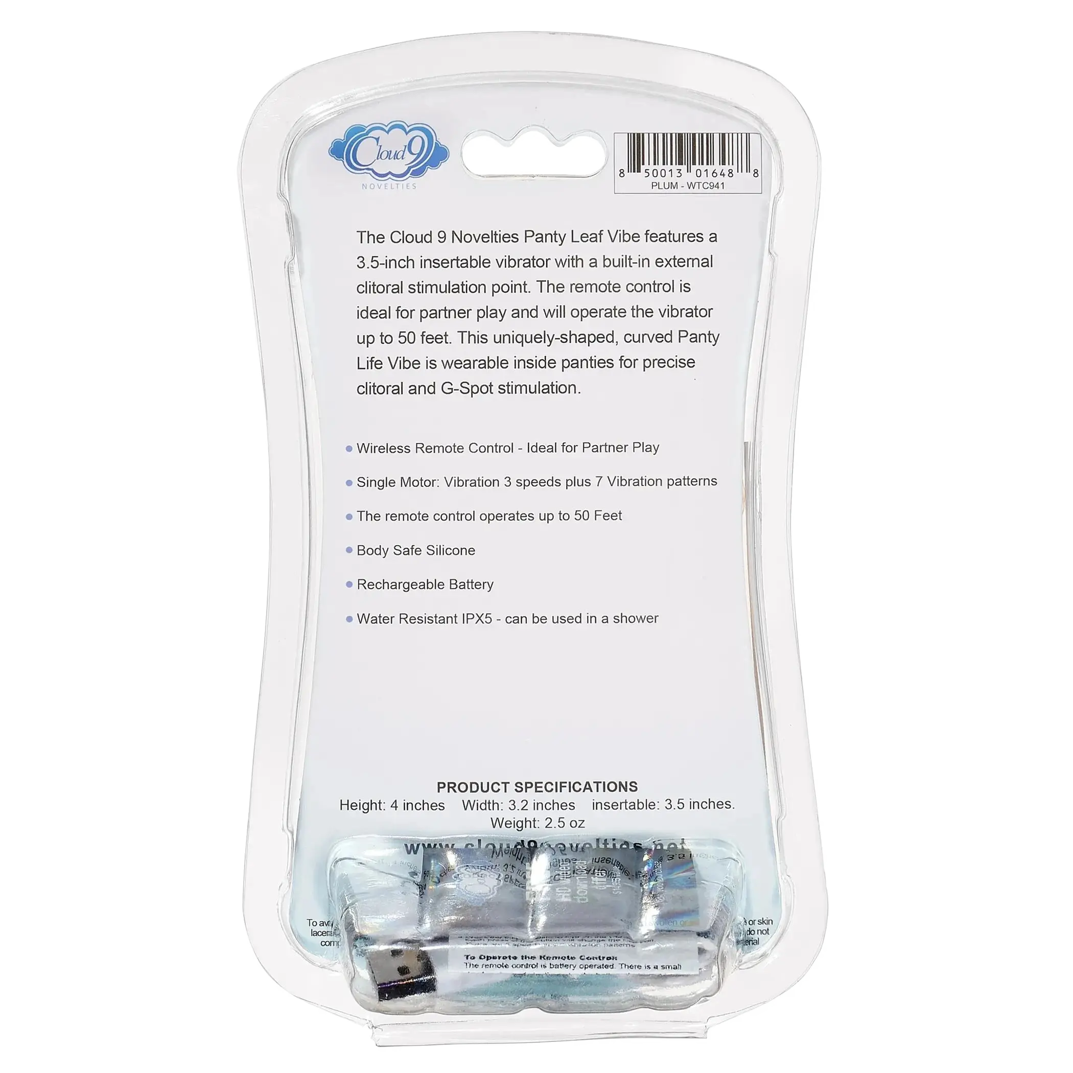 CLOUD 9 HEALTH & WELLNESS WIRELESS REMOTE CONTROL PANTY LEAF" VIBE - PLUM" Cloud 9 Novelties