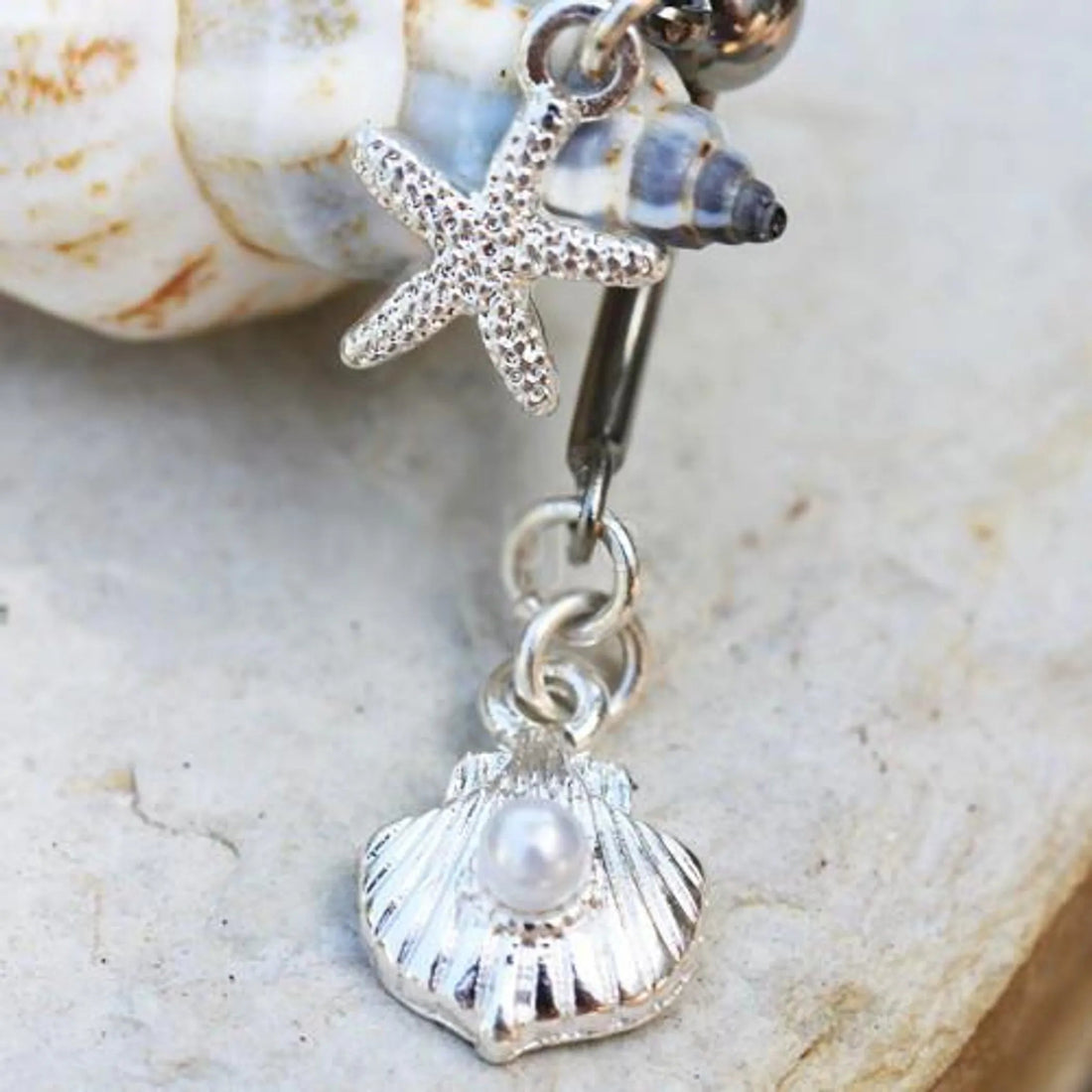 Stainless Steel Starfish & Pearl Seashell Double Dangle Navel Ring Fashion Hut Jewelry